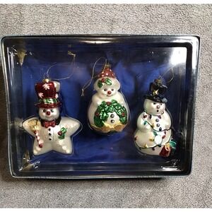 Vintage 1999 Belk Blown Glass Christmas Ornaments Snowmen in Collectors‎ Tin